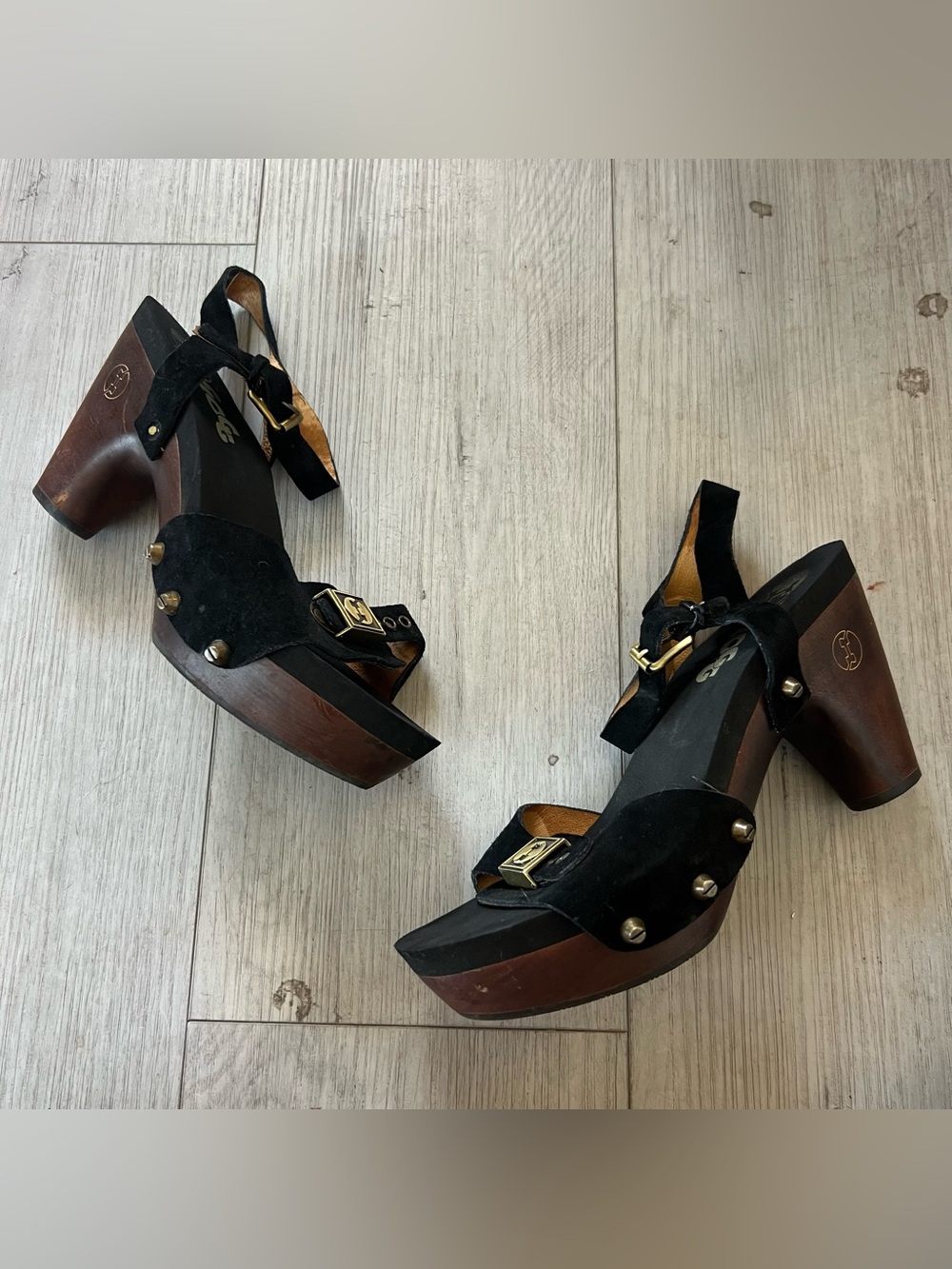 Vintage Flogg Black Suede Platform Wooden Clogs 8.5